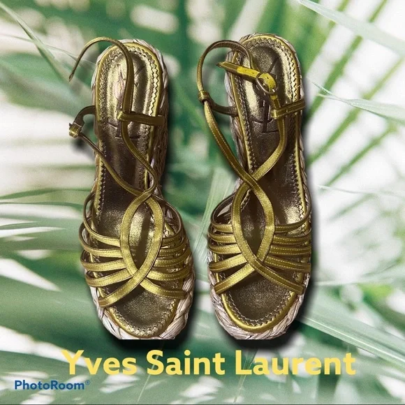 Saint Laurent Loulou Gold Wedge Sandals - Picture 3 of 12